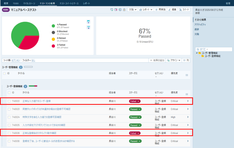 TestRailのテストラン画面