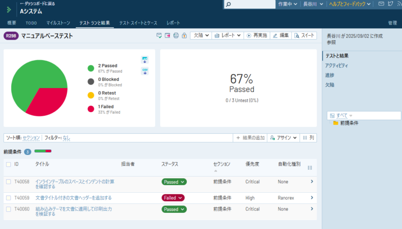 TestRailのテストラン画面