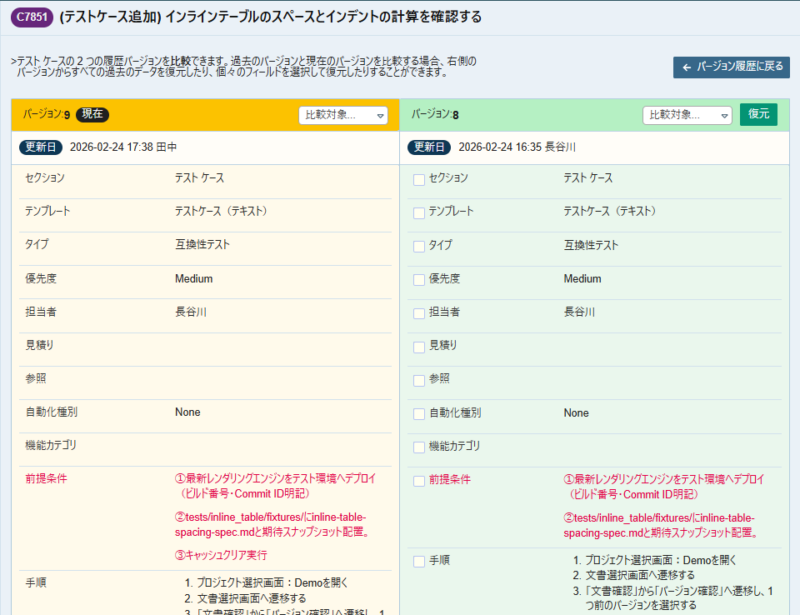 TestRailのテストケースの履歴画面で差分を比較